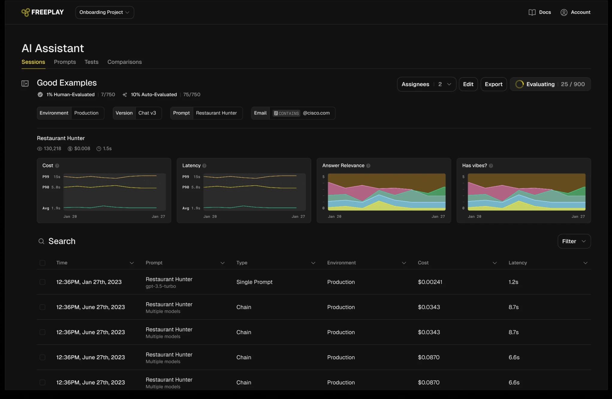 Freeplay sessions dashboard for an AI assistant project